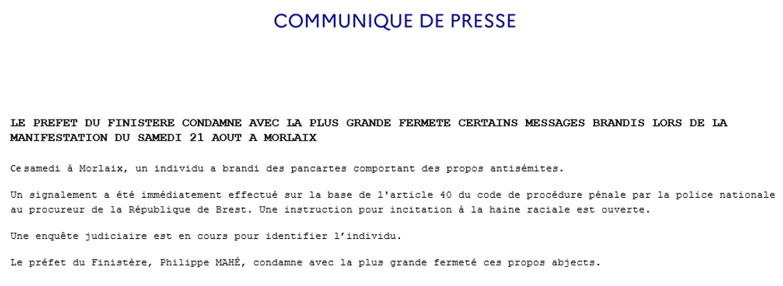 Communiqué préfecture